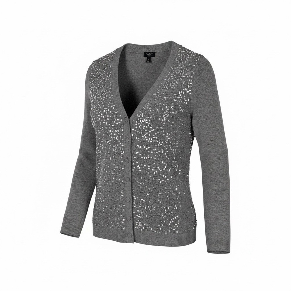 Talbots Petite Small Gray Metallic Sequin Lambswool Blend V-Neck Formal Cardigan